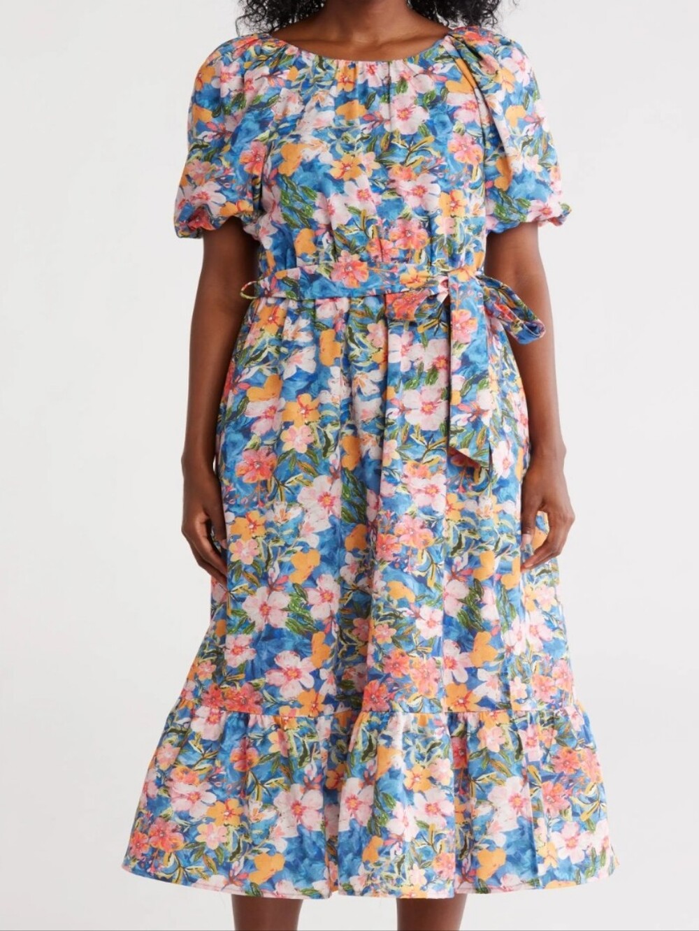 MELLODAY Blue Multi Floral Midi Skirt with Tie Waist